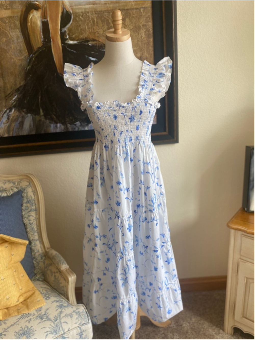 Hill House White Blue Floral Smocked Ruffle Midi Dress M - Picture 2 of 6